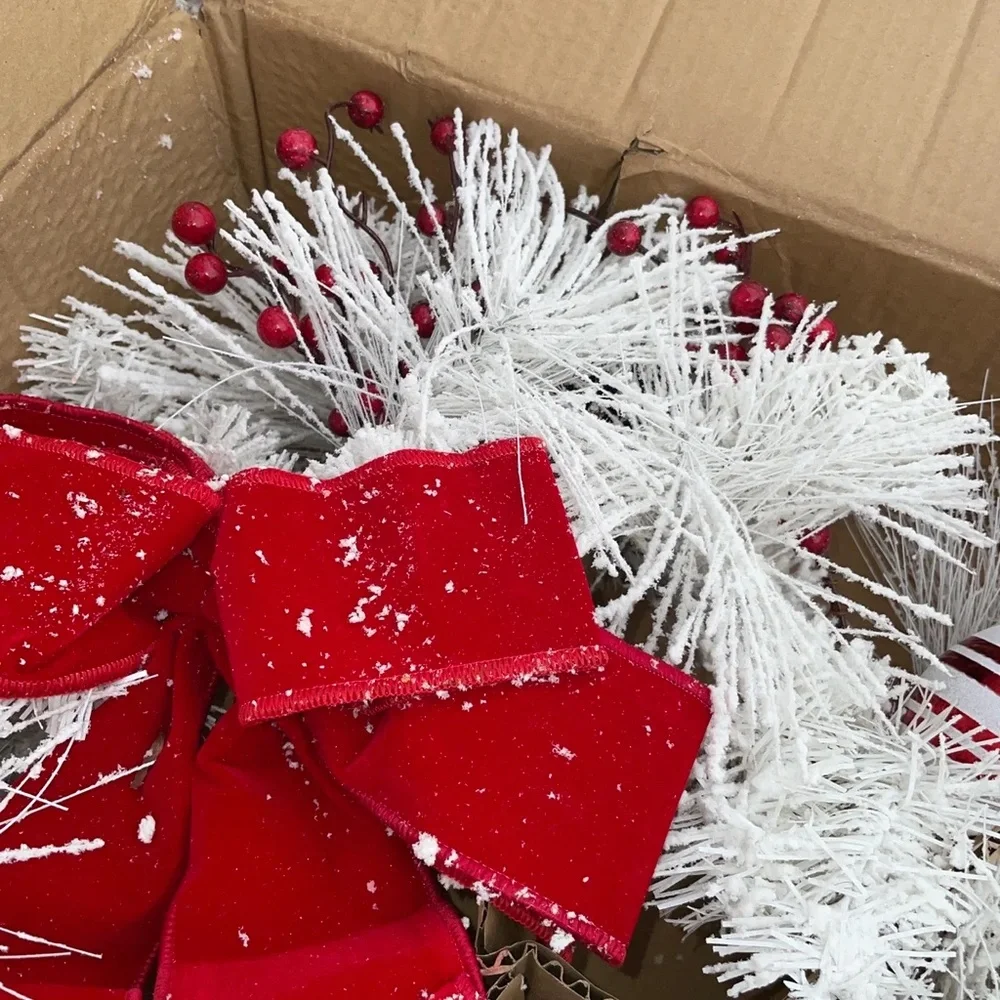 NEW Pinecone and Red Ornaments Christmas Wreath with Red Bow, 28 Inch Wide